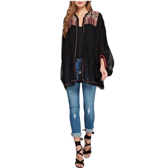 Love Stitch Boho Black Embroidered Kimono NWT S/M - Picture 1 of 15